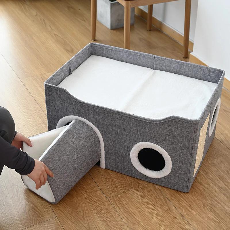 Katzenbett Flauschig mit Katzen Kratzbrett, Warm und Faltbar für Komfort & Bequemlichkeit, Doppelschichtige Katzenhöhlen