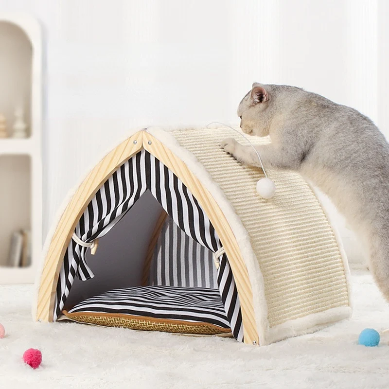 Katze Kratzbrett, Katzenbett in einem, Sisalmaterial, Katzenliege mit Zelt-Design, Ideal für Ruhe und Spiel, Sommerartefakt