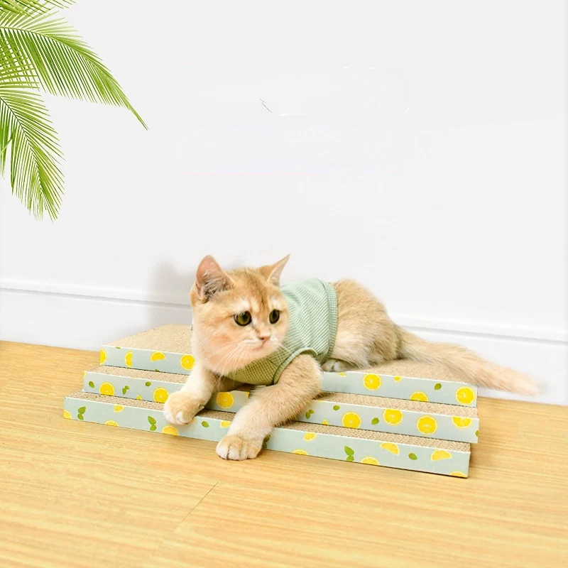 Kratzpappe für Katzen, Wellenförmige Kratzfläche für glückliche Katzen, Set mit 3 Stück, aus Wellpappe mit Zitronen-Muster