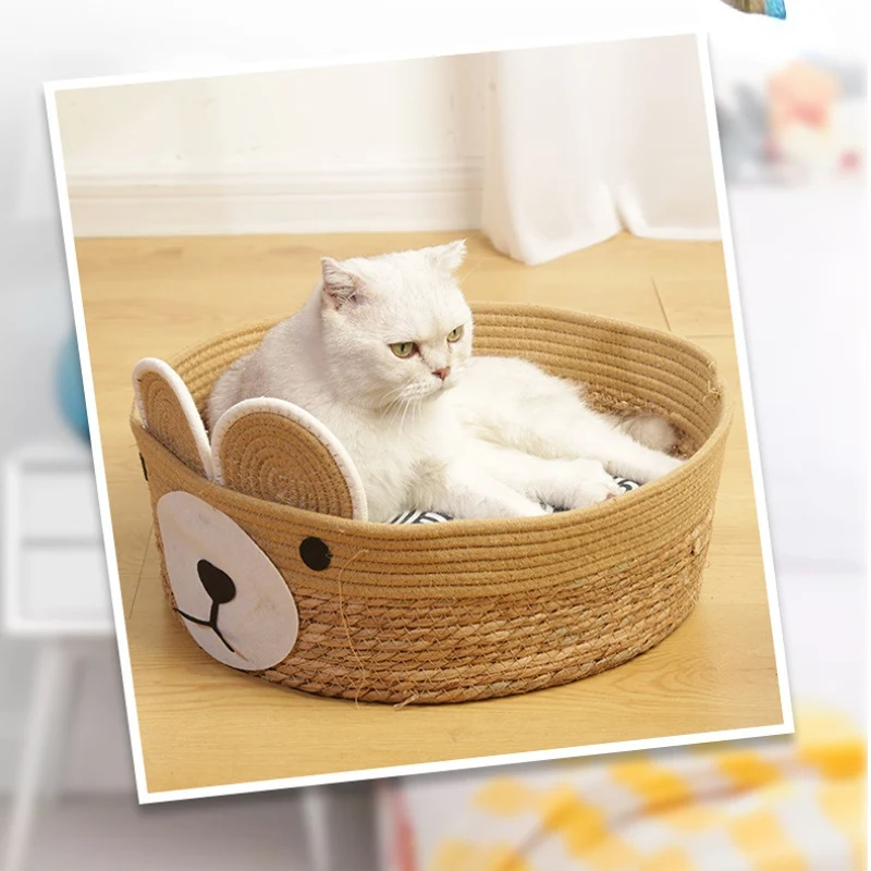 Katzenbett Rattan, Süßer Bär Handgefertigtes, Hochwertiges, Zwei-Ohr-Design, Katzenbett aus Rattan für drinnen und draußen