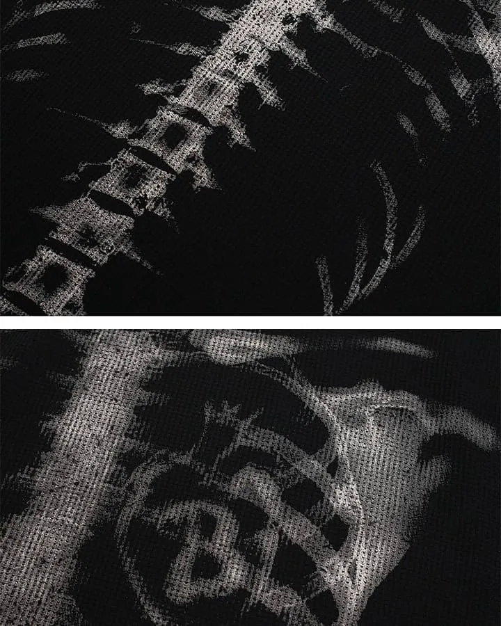 KIIKIO Skull Print Waffle Long Sleeve T-Shirt