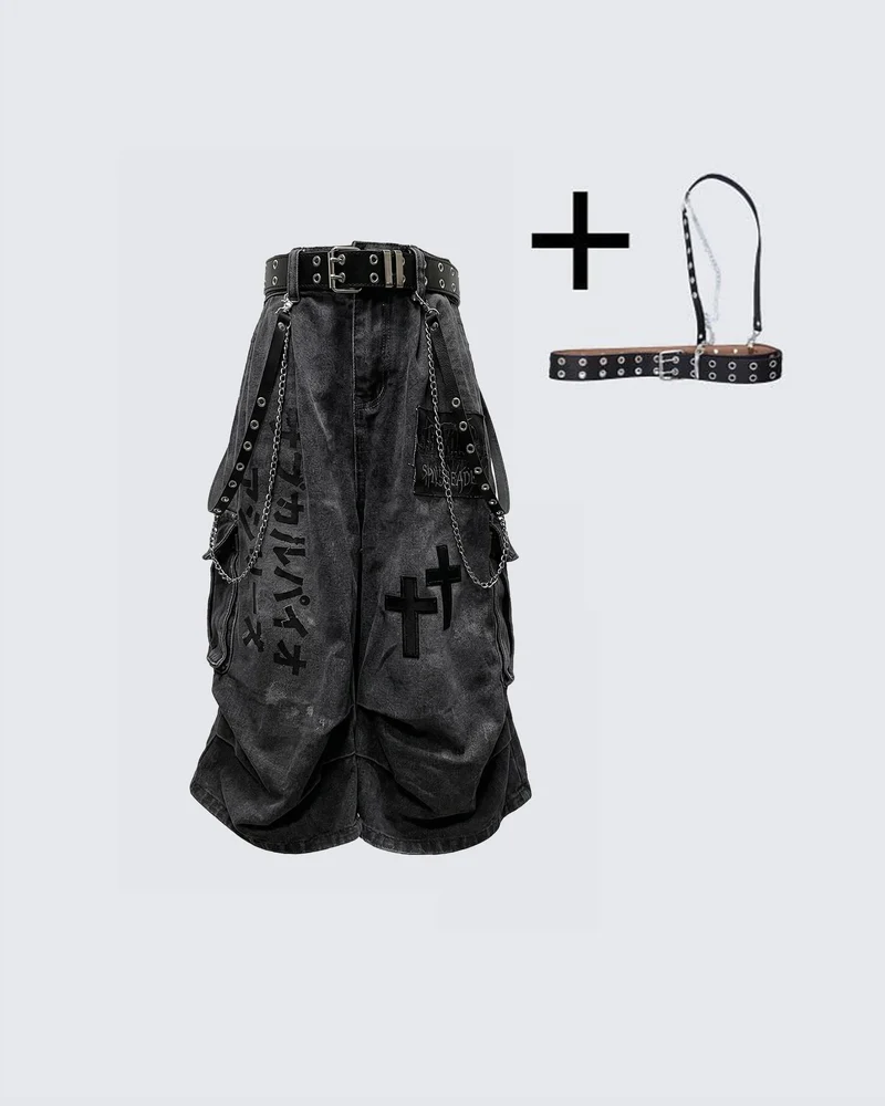 Gothic Chain Strap Denim Capri Pants