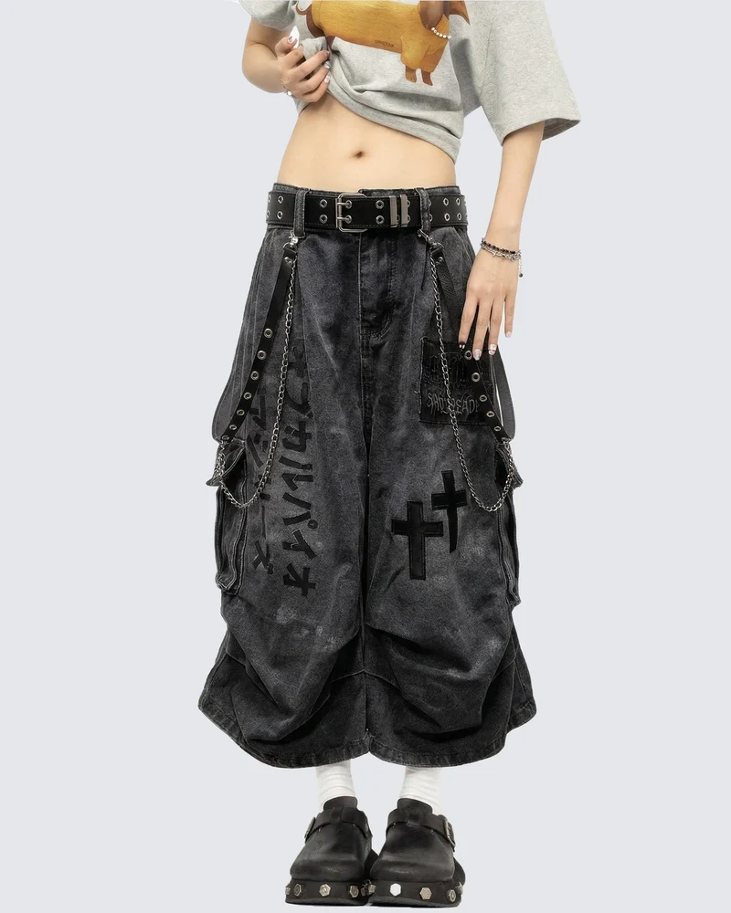 Gothic Chain Strap Denim Capri Pants