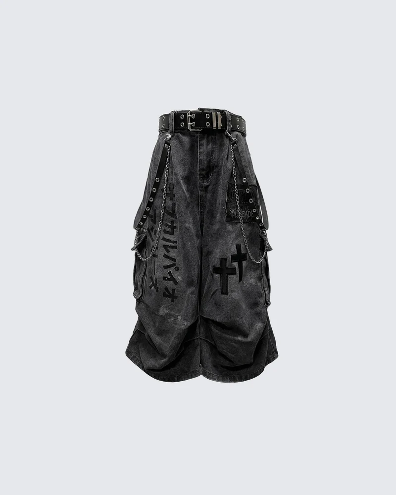 Gothic Chain Strap Denim Capri Pants