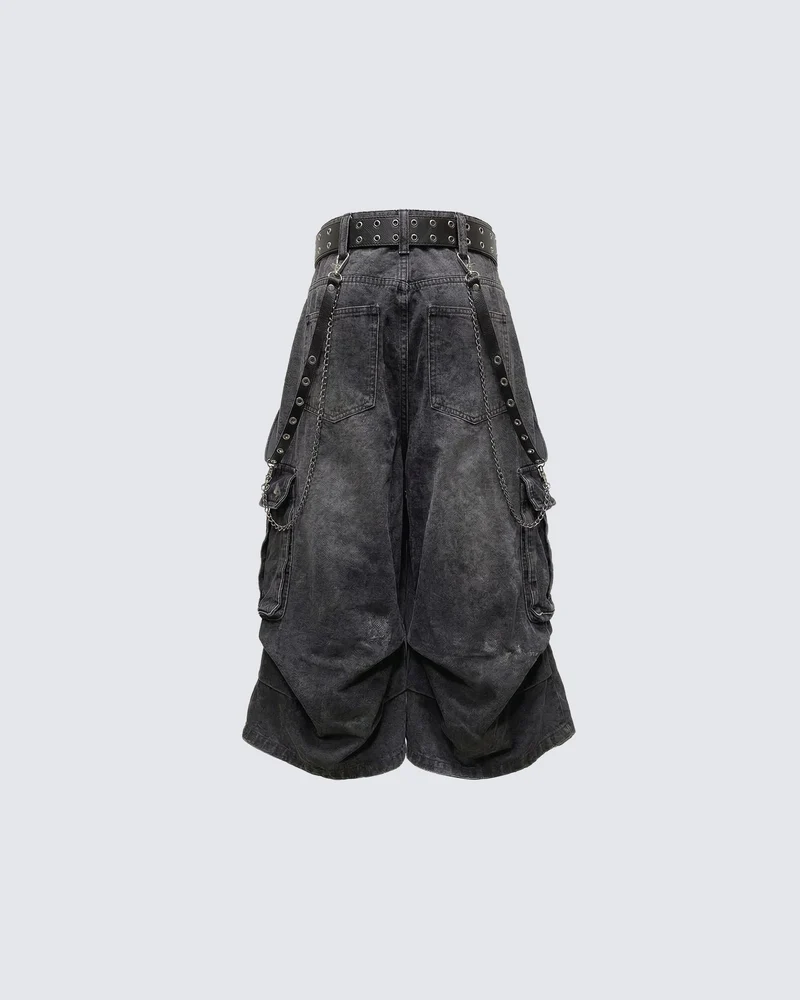 Gothic Chain Strap Denim Capri Pants