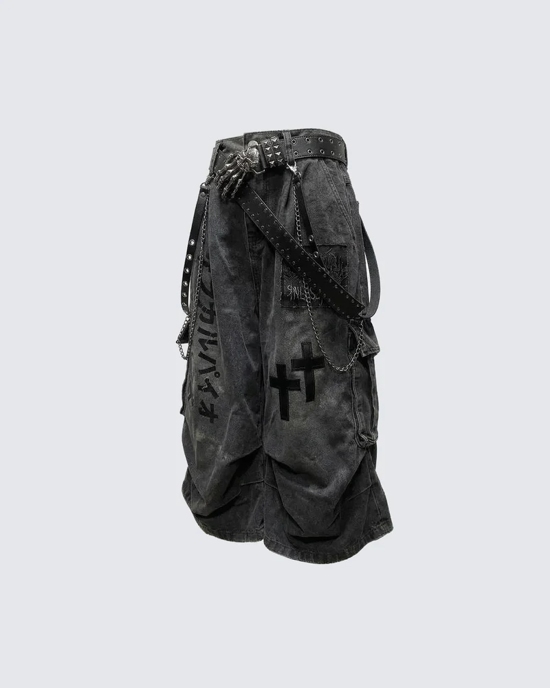 Gothic Chain Strap Denim Capri Pants