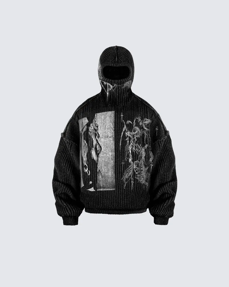 Punk Graphic Distressed Knit Hoodie