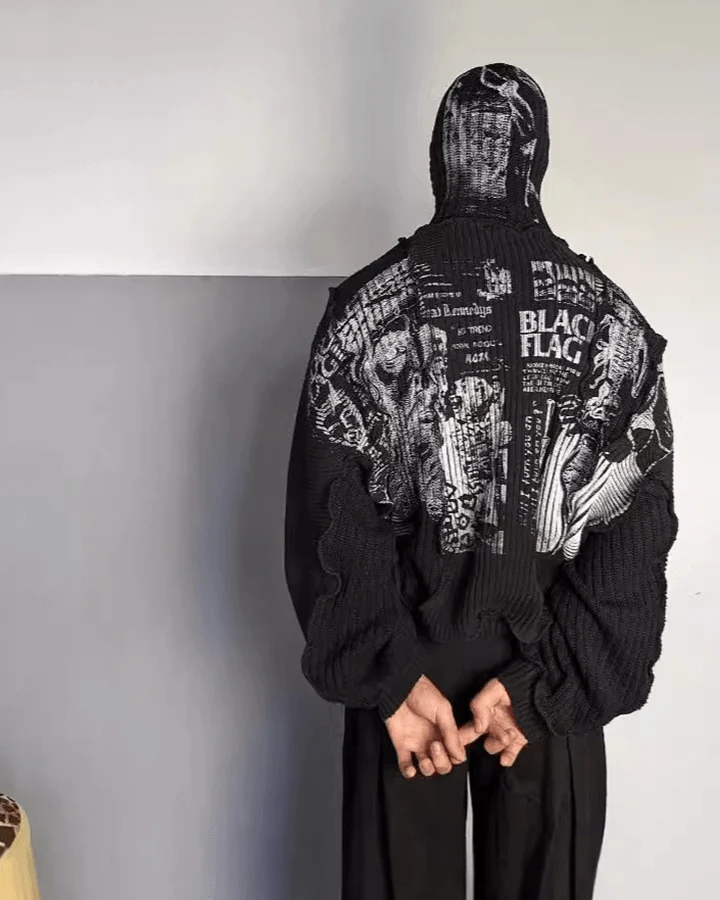 Punk Graphic Distressed Knit Hoodie