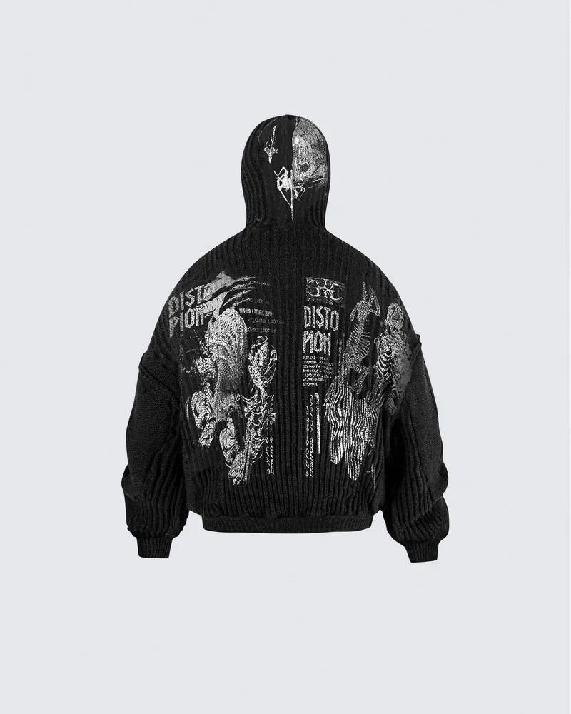 Punk Graphic Distressed Knit Hoodie