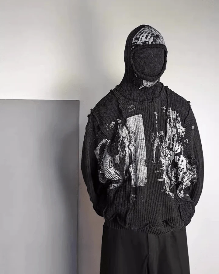 Punk Graphic Distressed Knit Hoodie