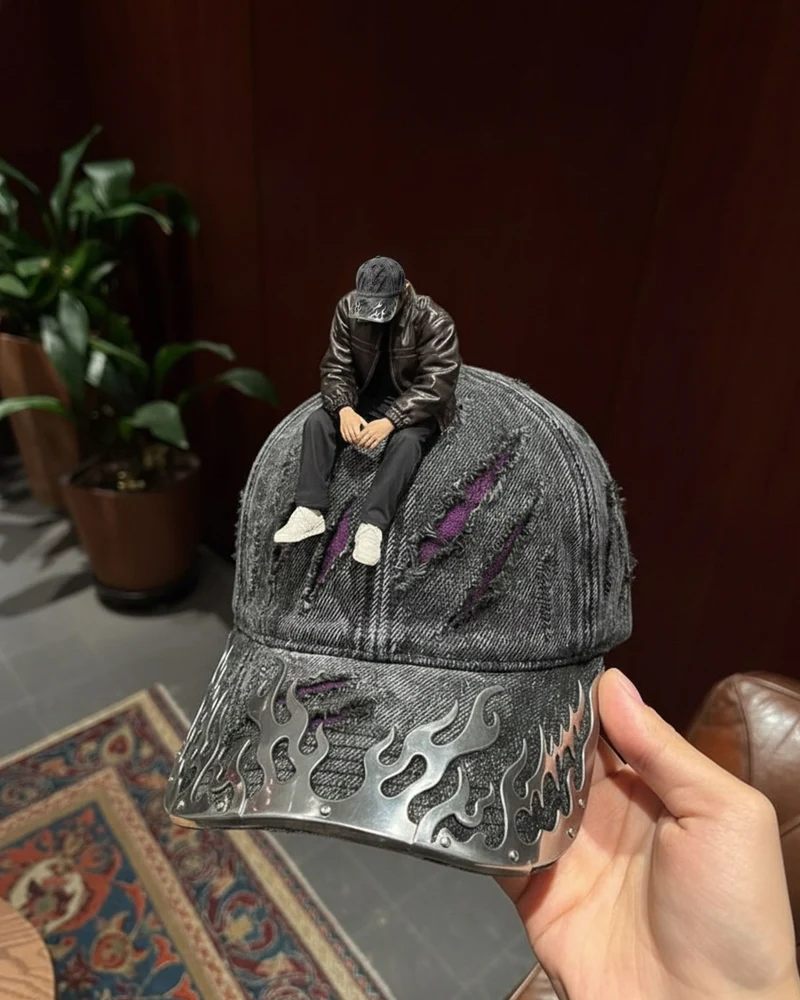 KIIKIO-Wasteland Flame-Metal Distressed Denim Cap