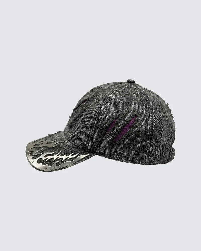 KIIKIO-Wasteland Flame-Metal Distressed Denim Cap