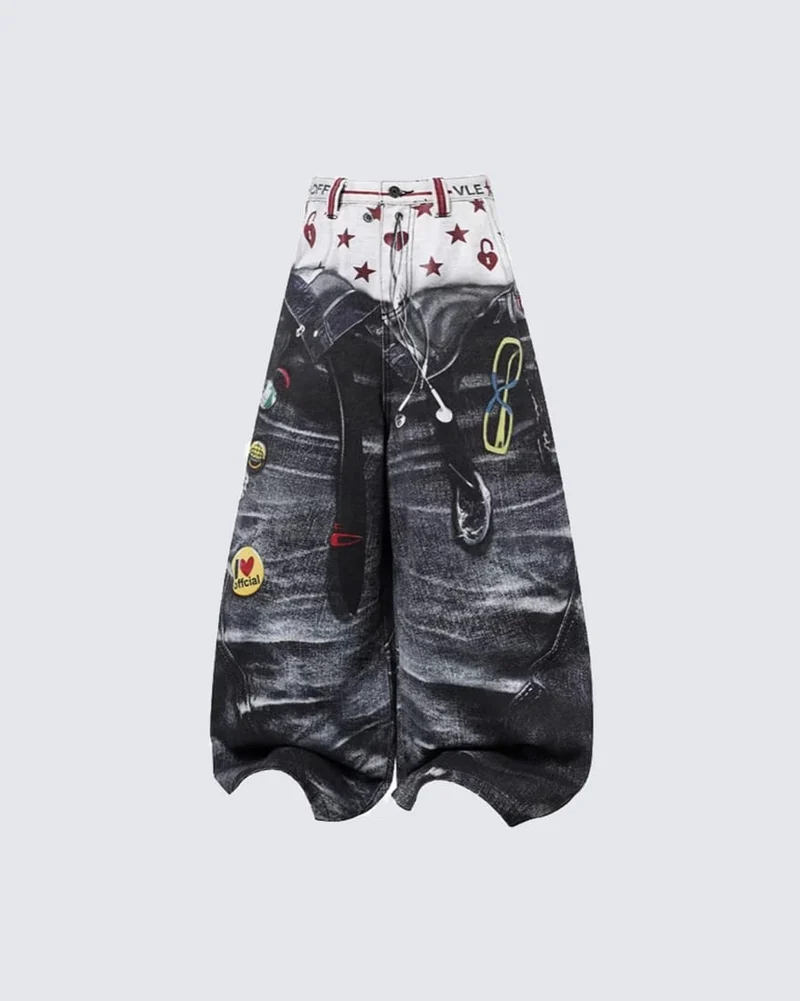 Print Denim Illusion Wide-Leg Pants
