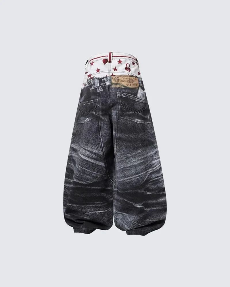 Print Denim Illusion Wide-Leg Pants