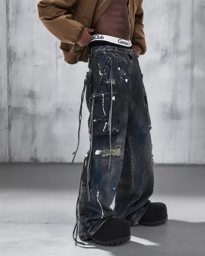 Paint Splatter Cargo Wide Leg Denim Pants