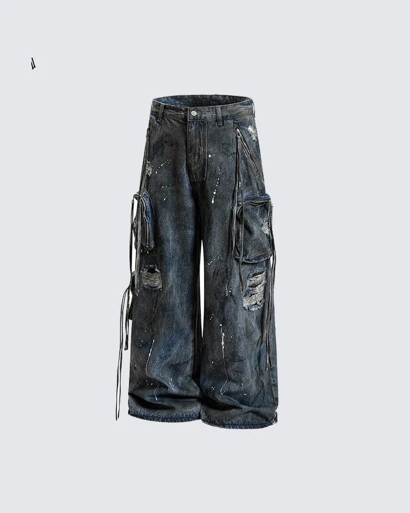 Paint Splatter Cargo Wide Leg Denim Pants