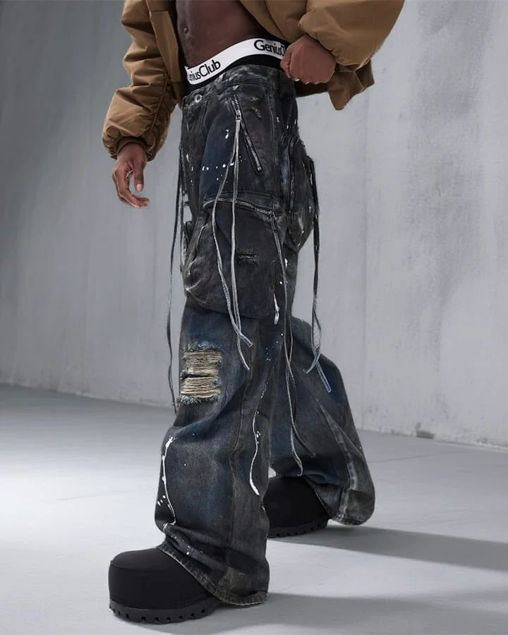 Paint Splatter Cargo Wide Leg Denim Pants