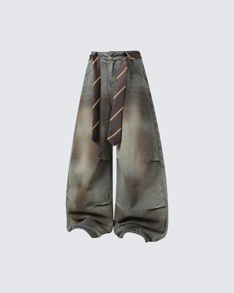 Tie Detail Wide Leg Denim Pants
