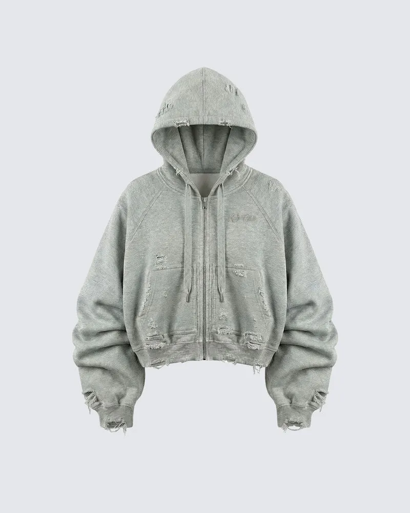 LOW SATURATION-Distressed Cropped Zip-Up Hoodie