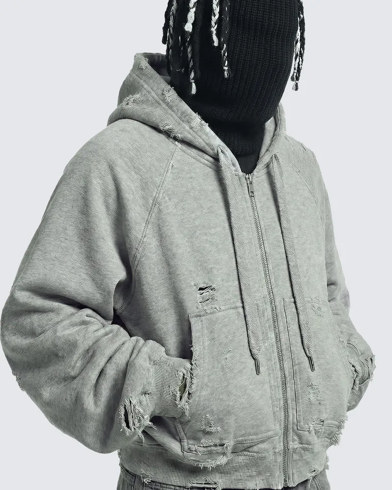 LOW SATURATION-Distressed Cropped Zip-Up Hoodie