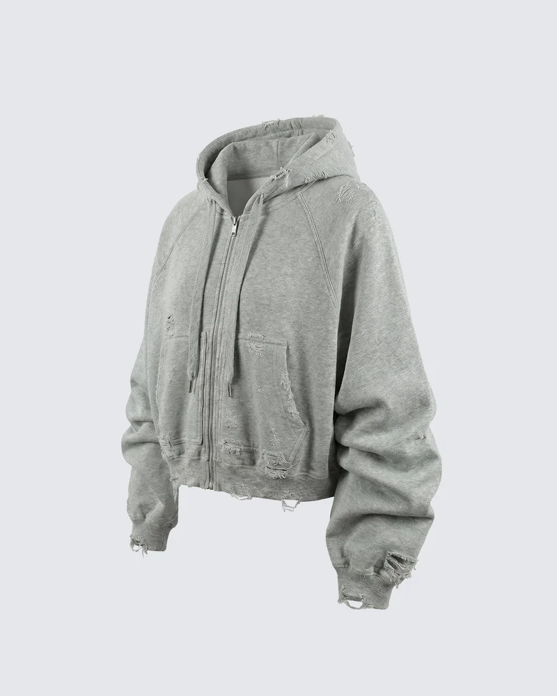 LOW SATURATION-Distressed Cropped Zip-Up Hoodie