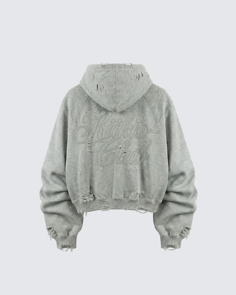 LOW SATURATION-Distressed Cropped Zip-Up Hoodie