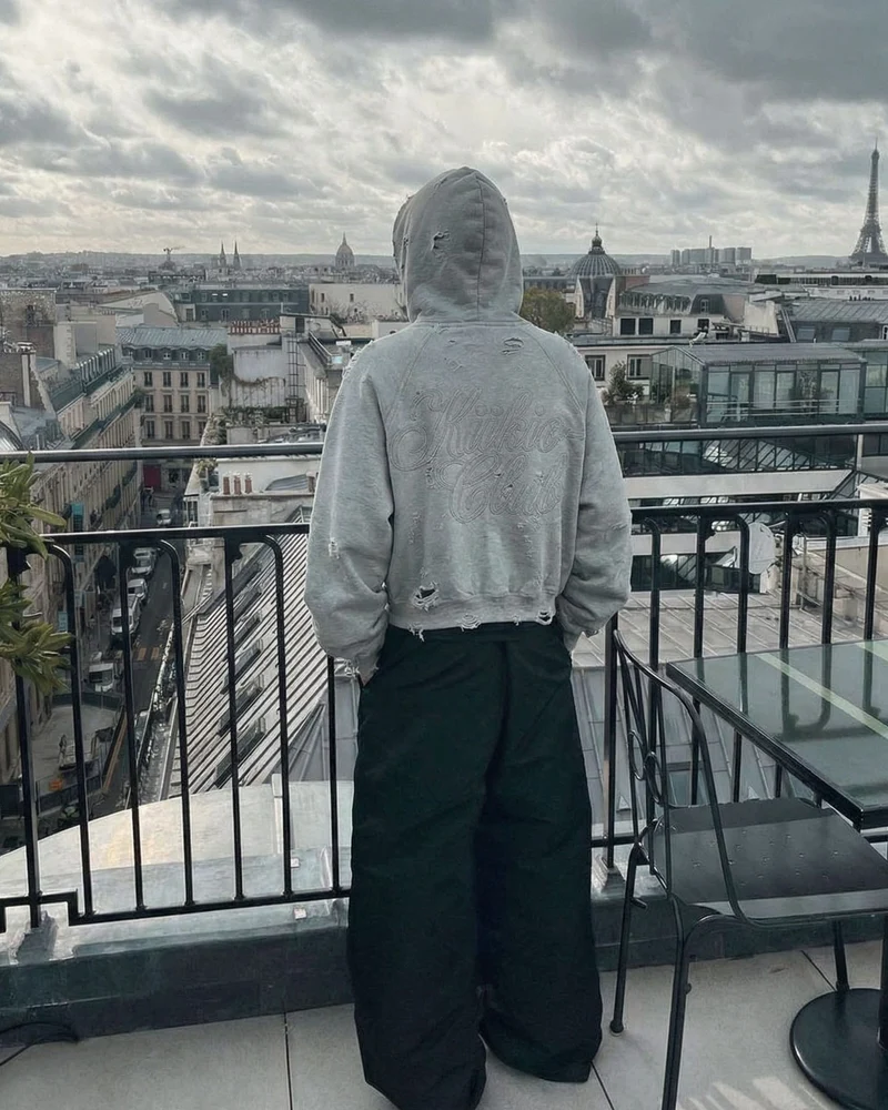 LOW SATURATION-Distressed Cropped Zip-Up Hoodie