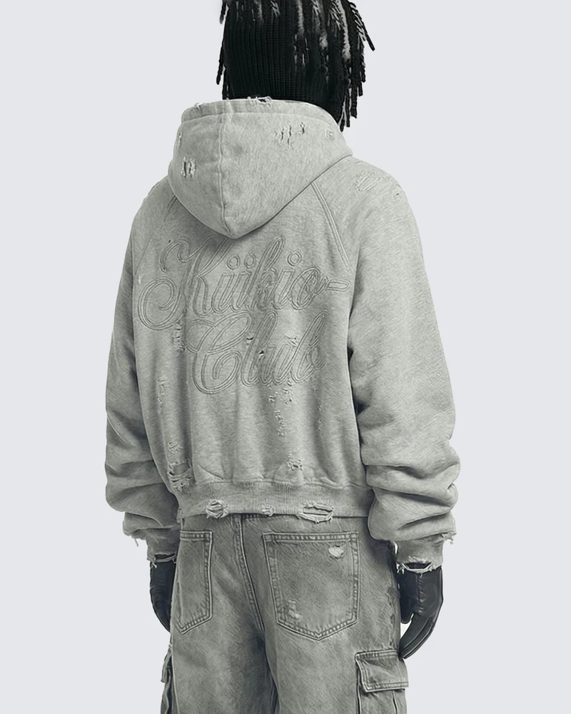 LOW SATURATION-Distressed Cropped Zip-Up Hoodie