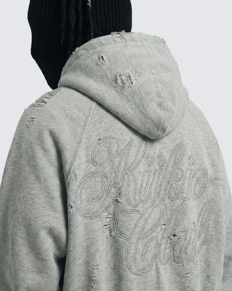 LOW SATURATION-Distressed Cropped Zip-Up Hoodie
