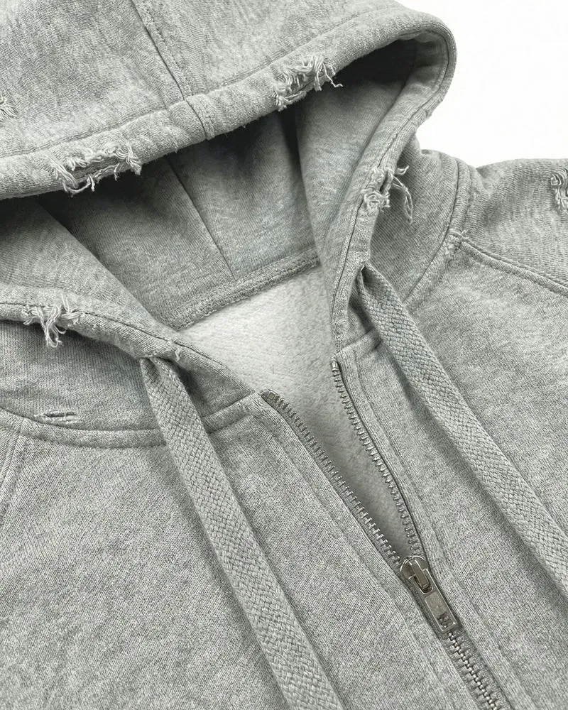 LOW SATURATION-Distressed Cropped Zip-Up Hoodie