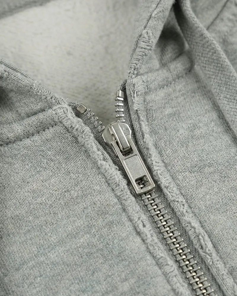 LOW SATURATION-Distressed Cropped Zip-Up Hoodie