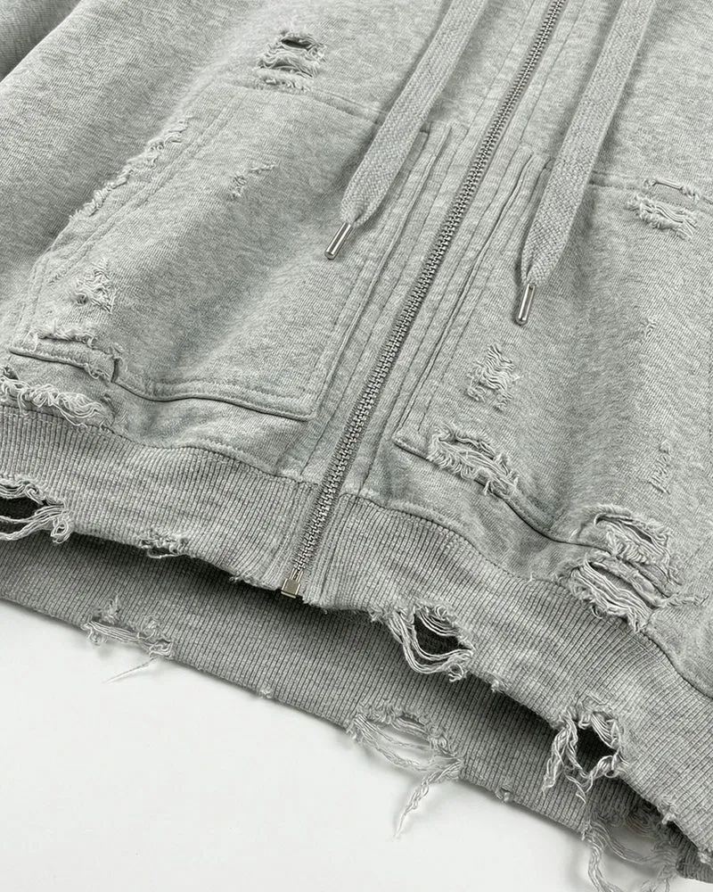 LOW SATURATION-Distressed Cropped Zip-Up Hoodie