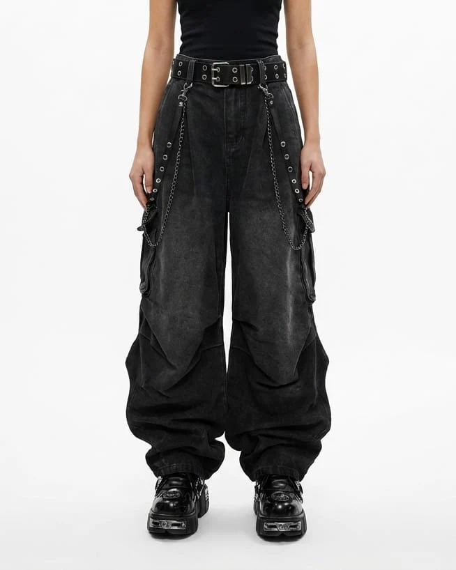 Washed Pocket Cargo Pants（Free Belt and Chain Included）