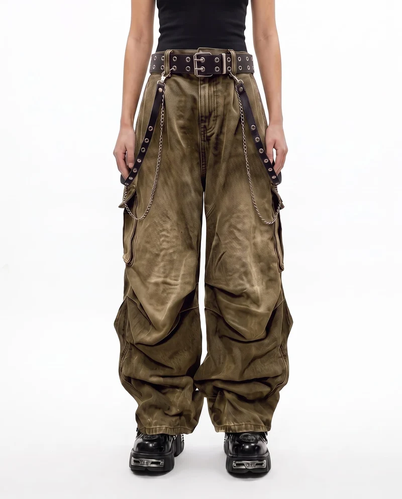 Washed Pocket Cargo Pants（Free Belt and Chain Included）