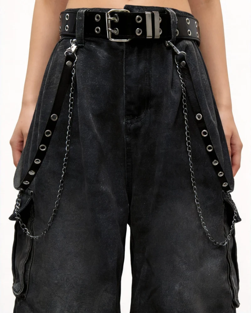 Washed Pocket Cargo Pants（Free Belt and Chain Included）