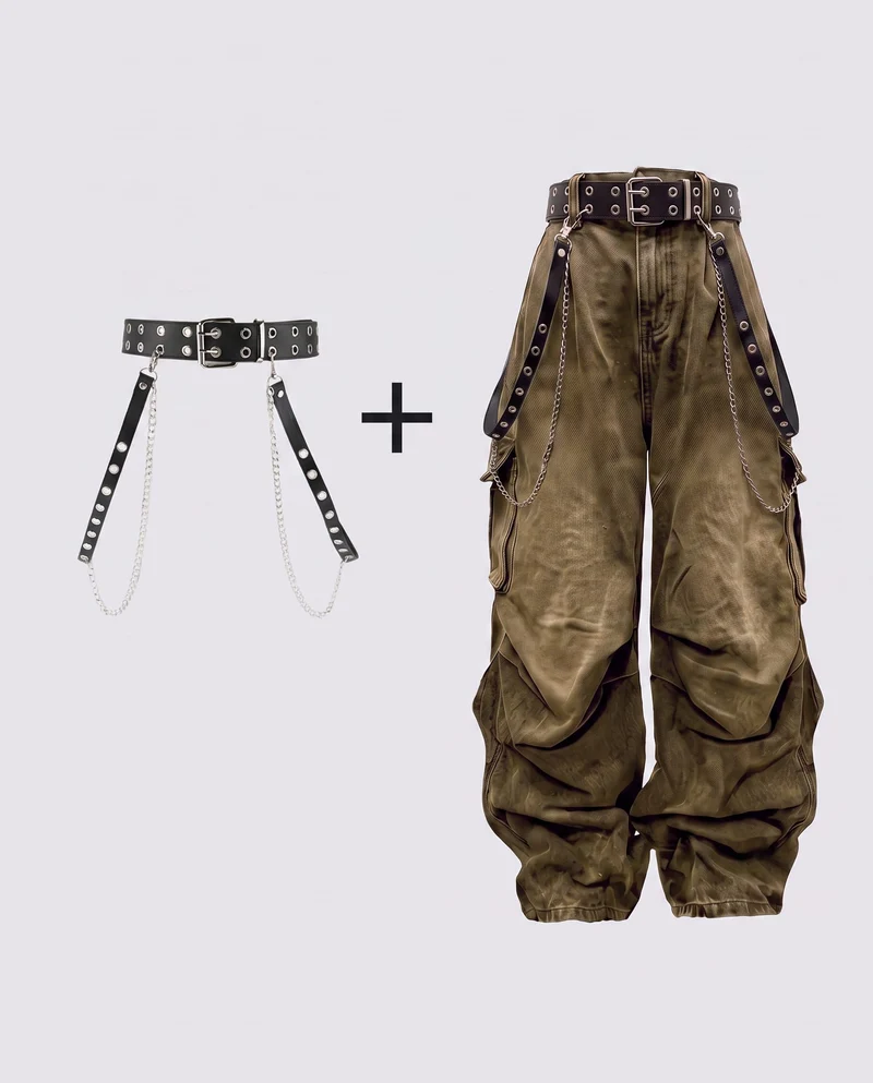 Washed Pocket Cargo Pants（Free Belt and Chain Included）