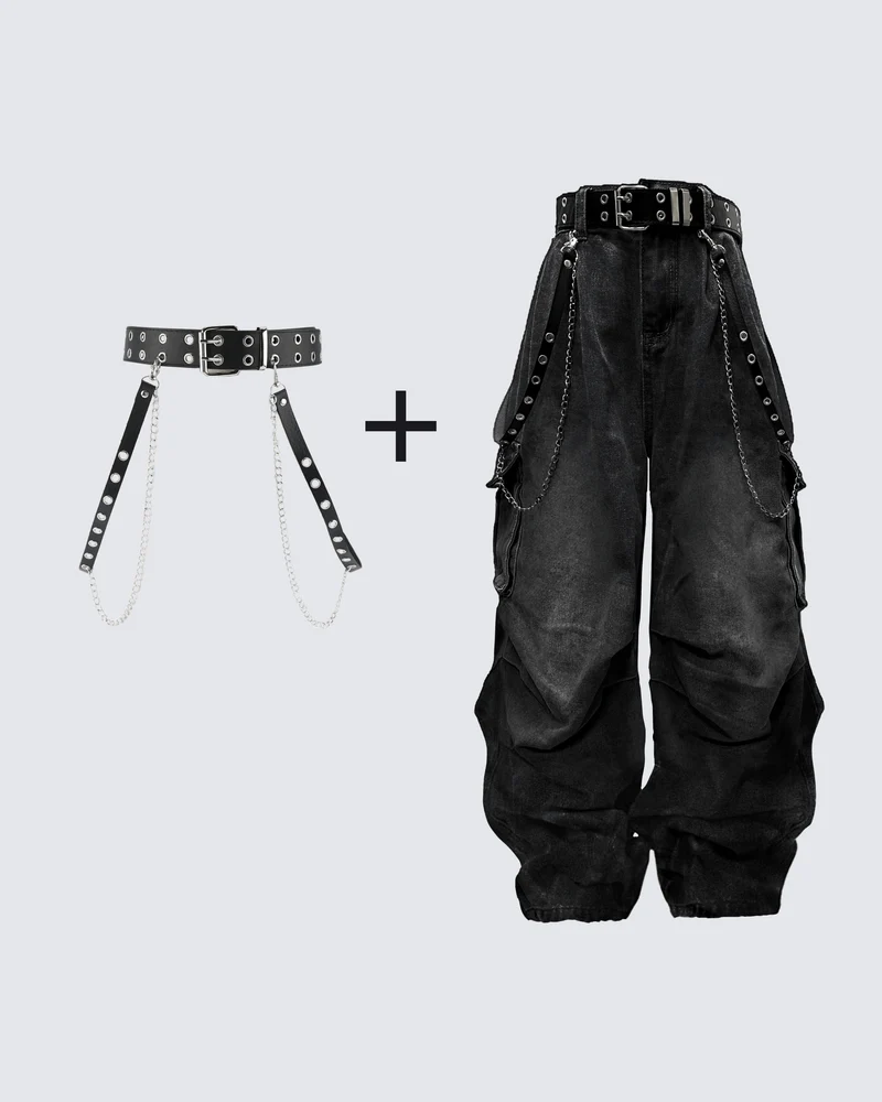 Washed Pocket Cargo Pants（Free Belt and Chain Included）