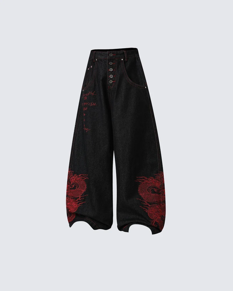 Red Dragon Embroidered Denim Pants