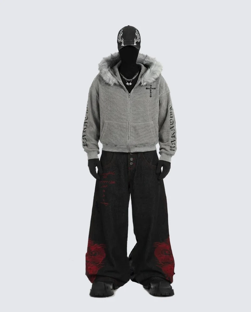 Red Dragon Embroidered Denim Pants