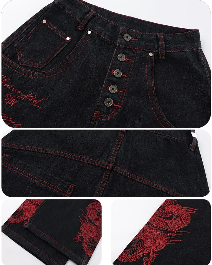 Red Dragon Embroidered Denim Pants