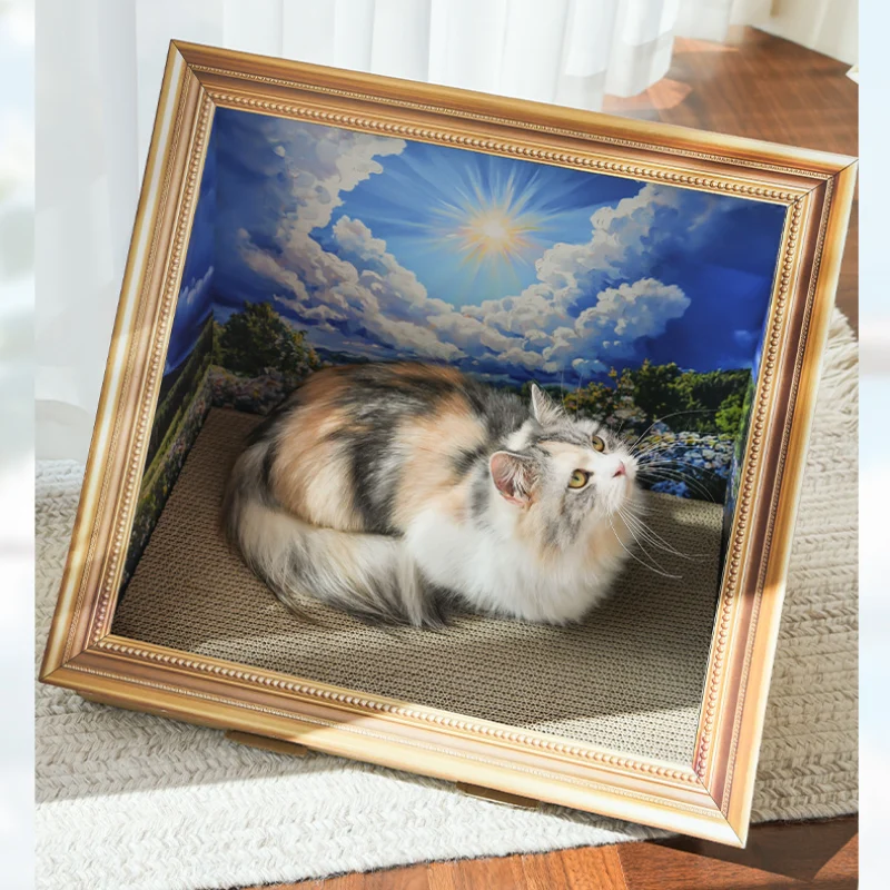 Kratzbrett für Katzen, 3D-Retro Ölgemälde Design, Extra dickes Wellpappe, Geeignet für Katzen unter 7,5 kg, Maximale Komfort (1 Stück)