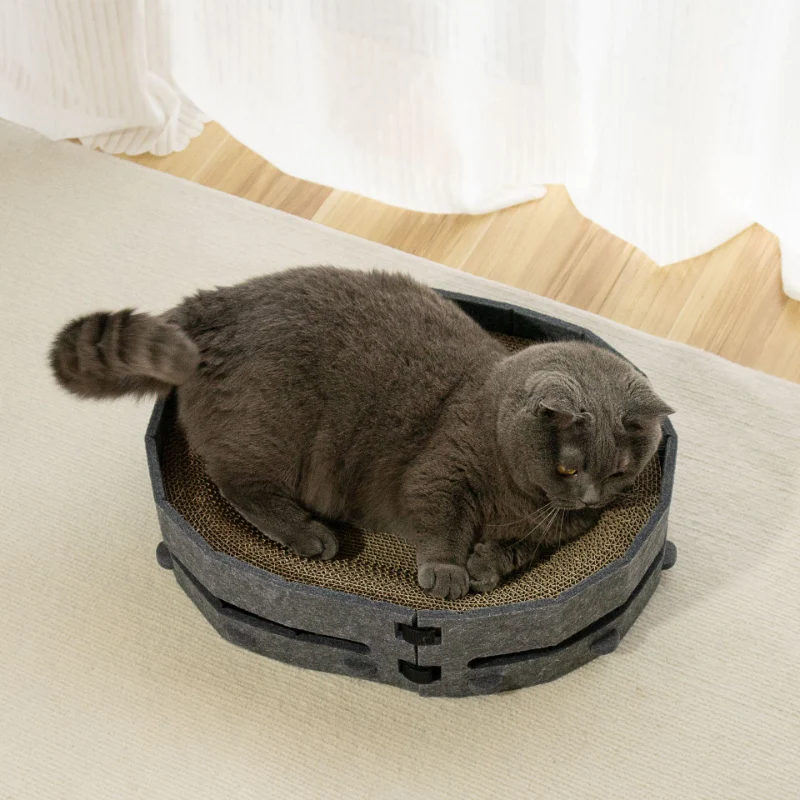 Katzen Kratzbrett, Katzenbett Rundes Wellpappe mit Grauem Filzrand, langlebiges zum Spielen und Entspannen