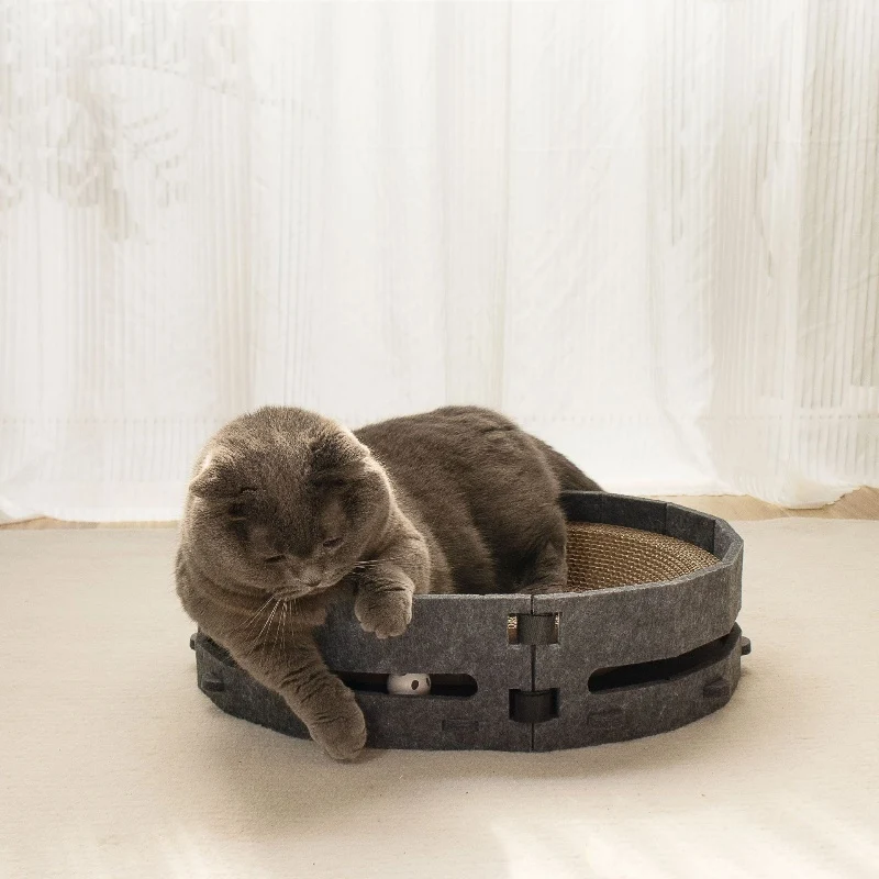 Katzen Kratzbrett, Katzenbett Rundes Wellpappe mit Grauem Filzrand, langlebiges zum Spielen und Entspannen
