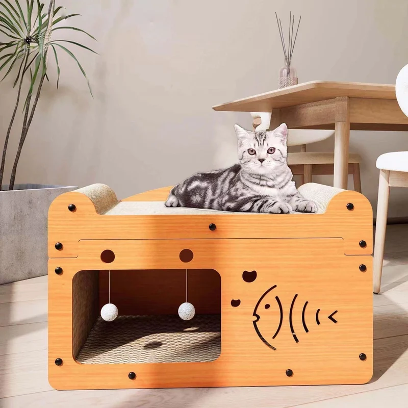Katzenhöhle, Katzenbett,Katzenhaus mit Kratzbrett aus Wellpappe, ideal für Katzen bis 7 kg, für Spiel und Schlaf
