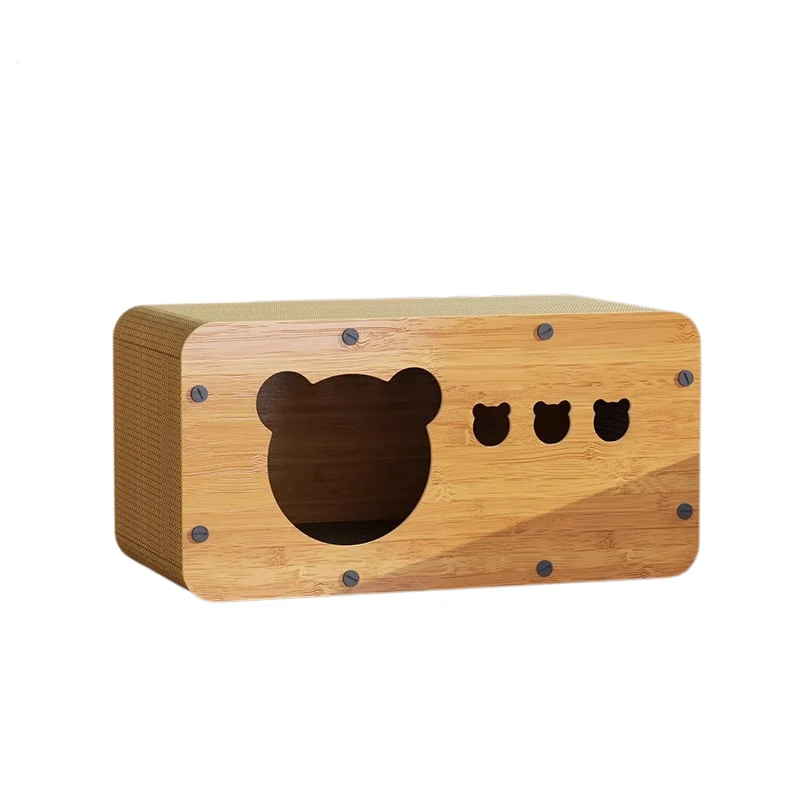Katzen Kratzbrett, Multi-Funktionales Katzenmöbel Holz, Bärenförmigem Eingang, Natürliche Holzfarbe