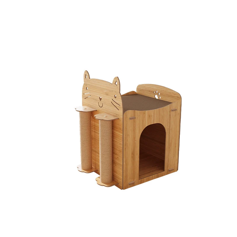 Kratzbrett Katzenform, Holzfarbenes Katzenhöhle mit Wellpappe Kratzbrett & Sisal-Säule, Wohlfühlplatz und Kratzen für Ihre Katze