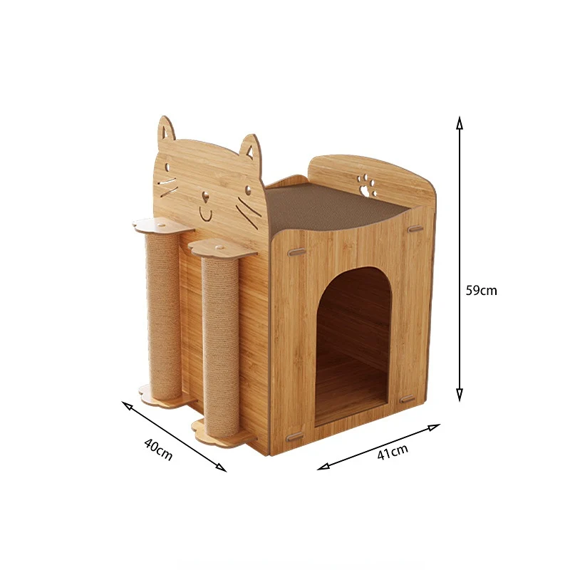 Kratzbrett Katzenform, Holzfarbenes Katzenhöhle mit Wellpappe Kratzbrett & Sisal-Säule, Wohlfühlplatz und Kratzen für Ihre Katze