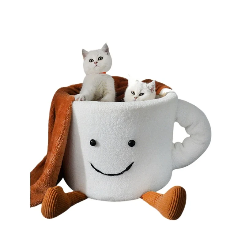 Katzenbett, Cartoon Kaffeebecher aus Korallenvlies & Schwamm-Füllung, Warmer und angenehmer Schlaf für Katzen, 35x35x30 cm