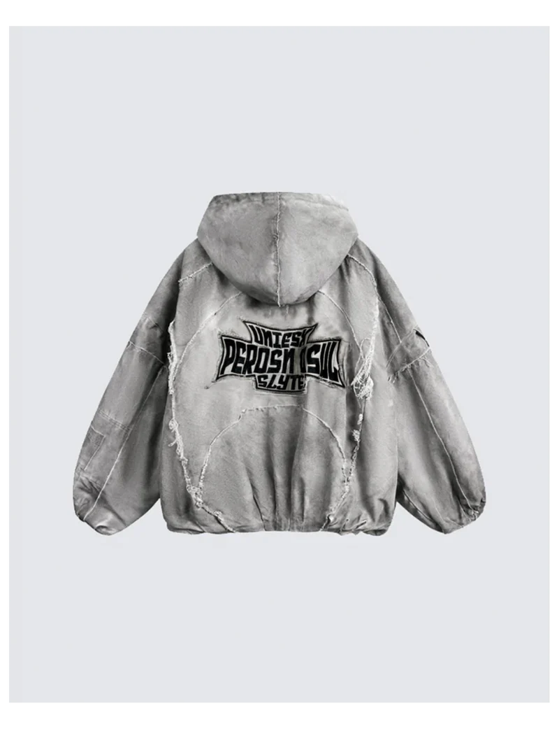 Distressed Embroidered Padded Hooded Jacket