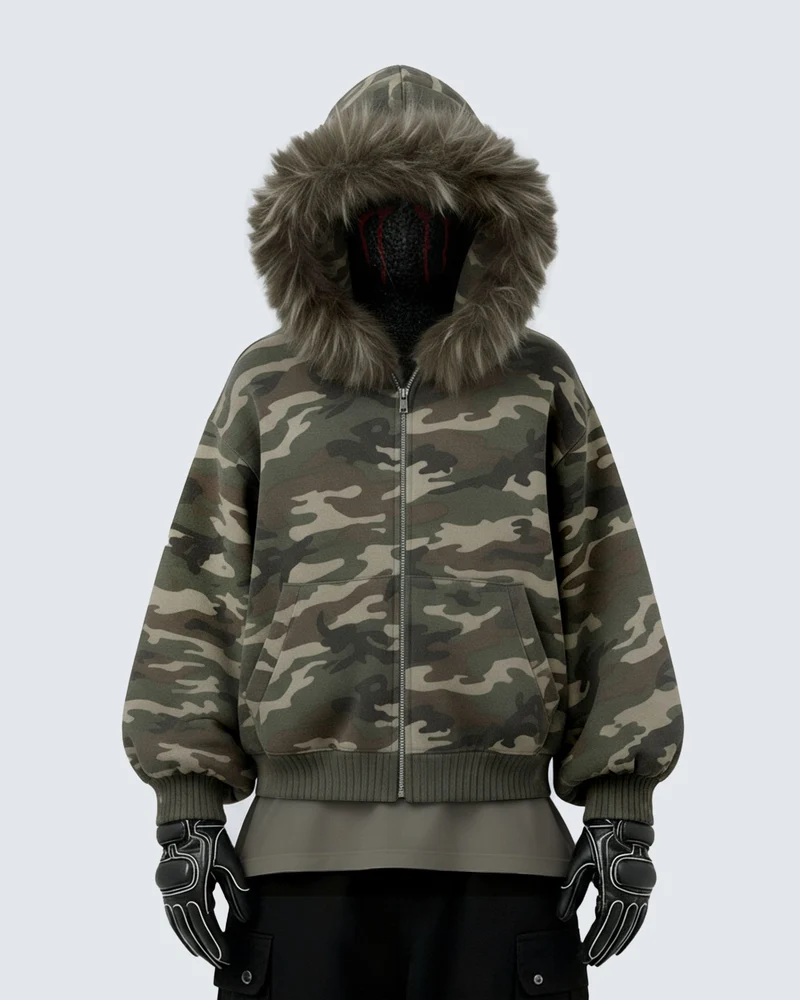 Camouflage Fur Collar Cotton Jacket
